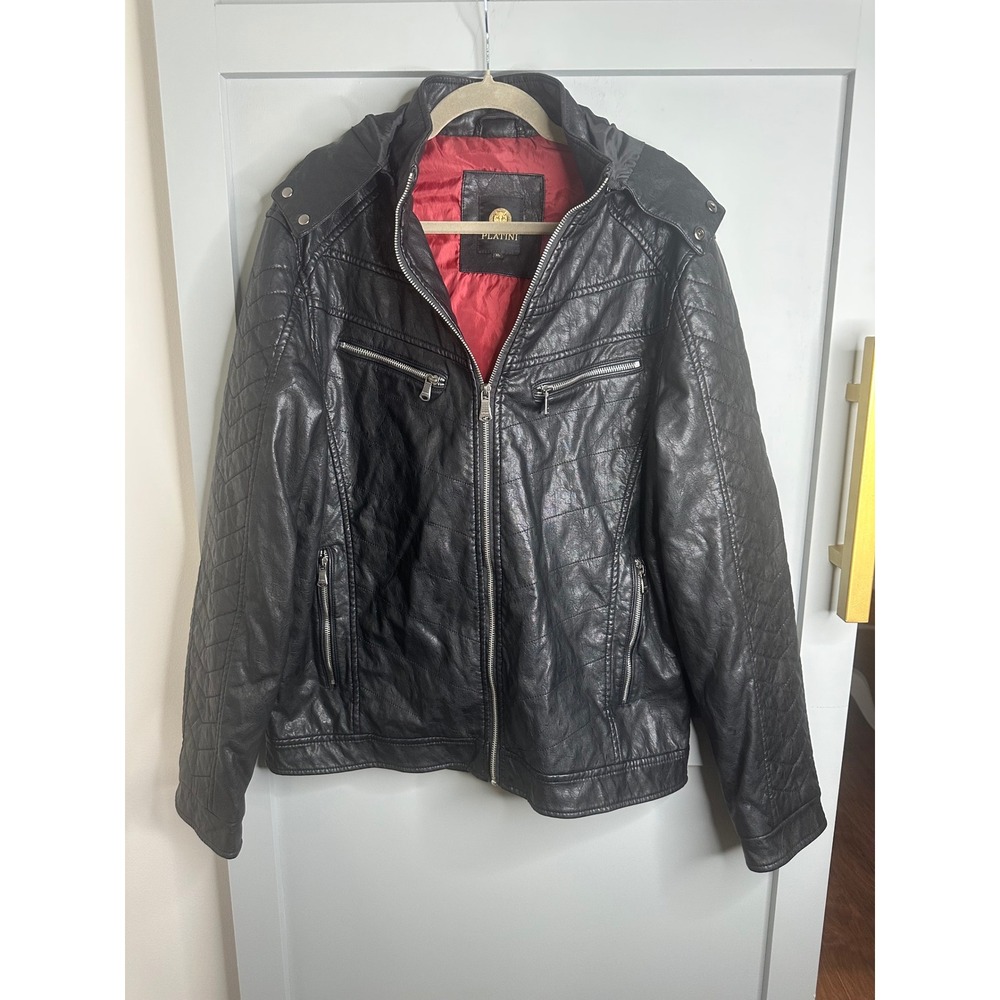 PLATINI Men's Faux Leather Moto Jacket Hooded Quilted Black Size XL‎